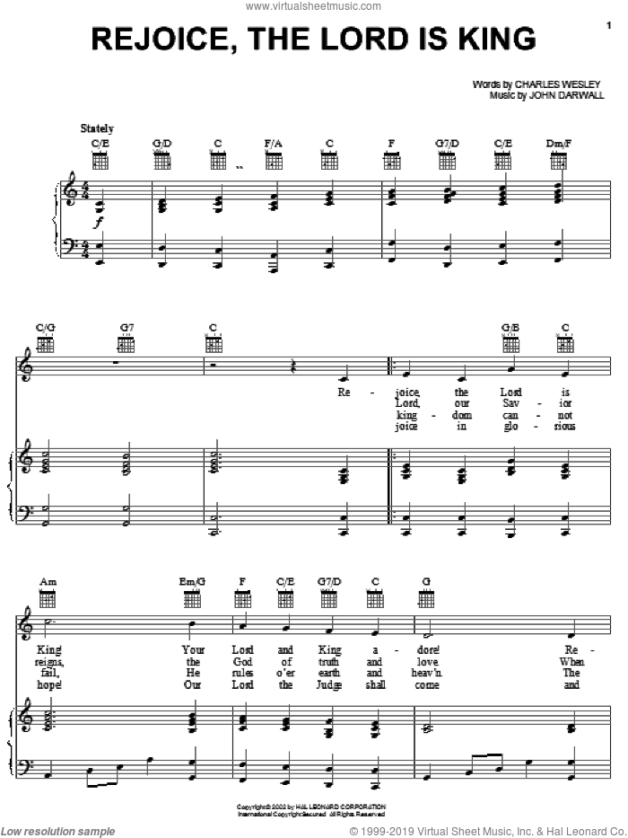 Rejoice, The Lord Is King sheet music for voice, piano or guitar by Charles Wesley and John Darwall, intermediate skill level