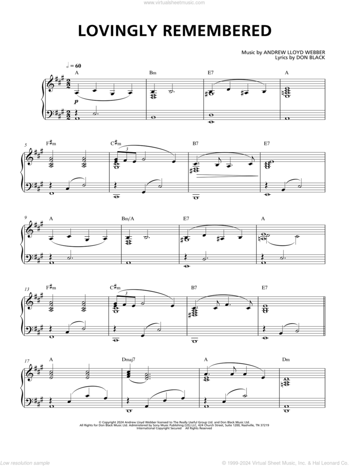 Lovingly Remembered sheet music for voice and piano by Andrew Lloyd Webber and Don Black, intermediate skill level