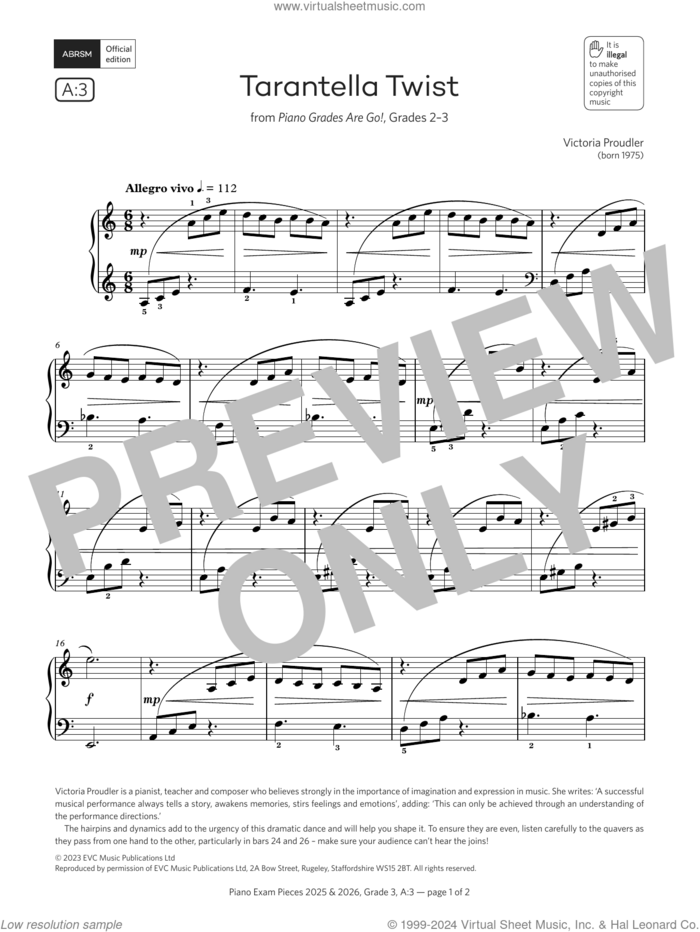 Tarantella Twist (Grade 3, list A3, from the ABRSM Piano Syllabus 2025 and 2026) sheet music for piano solo by Victoria Proudler, classical score, intermediate skill level