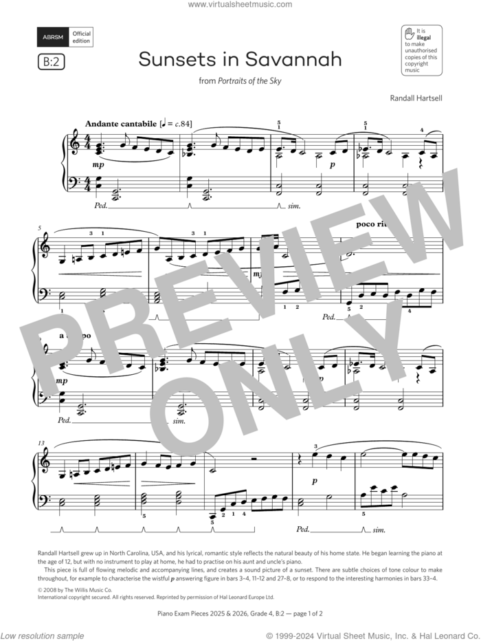 Sunsets in Savannah (Grade 4, list B2, from the ABRSM Piano Syllabus 2025 and 2026) sheet music for piano solo by Randall Hartsell, classical score, intermediate skill level