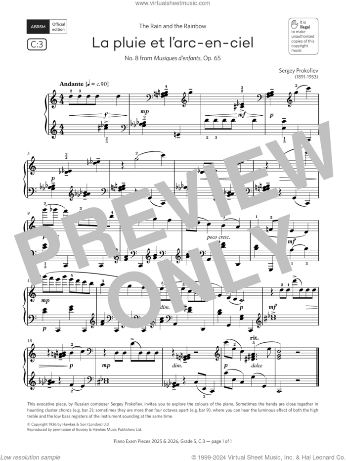 La pluie et l'arc-en-ciel (Grade 5, list C3, from the ABRSM Piano Syllabus 2025 and 2026) sheet music for piano solo by Sergei Prokofiev, classical score, intermediate skill level