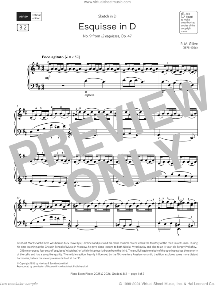 Esquisse in D (Grade 6, list B2, from the ABRSM Piano Syllabus 2025 and 2026) sheet music for piano solo by R. M. Glière, classical score, intermediate skill level