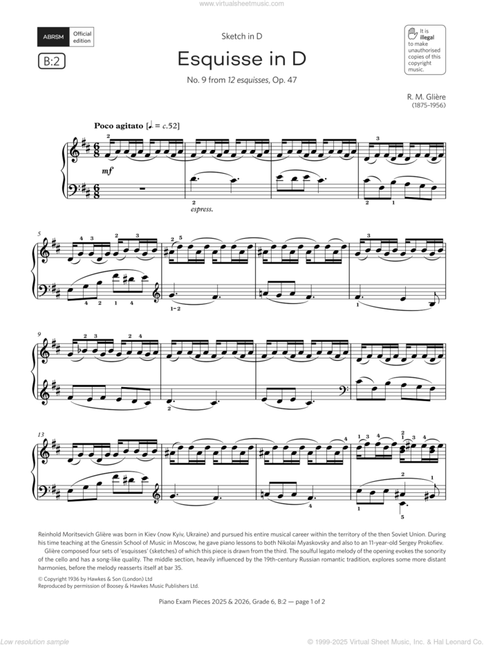 Esquisse in D (Grade 6, list B2, from the ABRSM Piano Syllabus 2025 and 2026) sheet music for piano solo by R. M. Glière, classical score, intermediate skill level