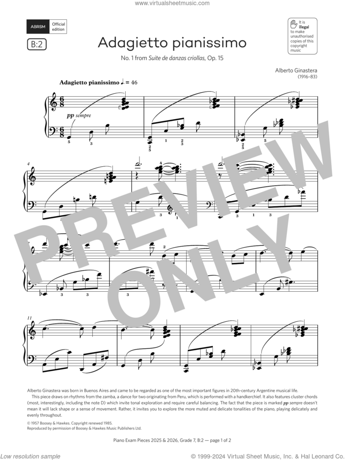 Adagietto pianissimo (Grade 7, list B2, from the ABRSM Piano Syllabus 2025 and 2026) sheet music for piano solo by Alberto Ginastera, classical score, intermediate skill level