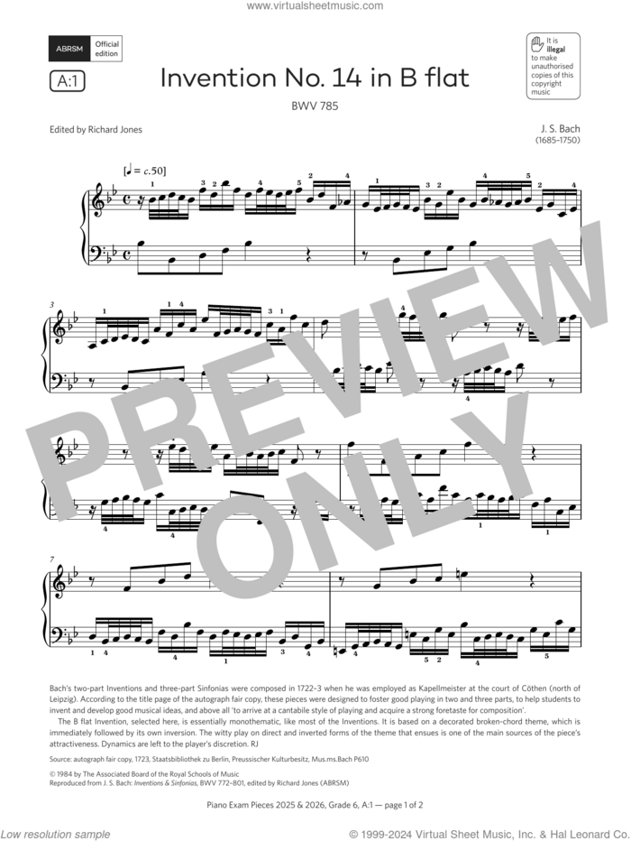 Invention No. 14 in B flat (Grade 6, list A1, from the ABRSM Piano Syllabus 2025 and 2026) sheet music for piano solo by Johann Sebastian Bach, classical score, intermediate skill level