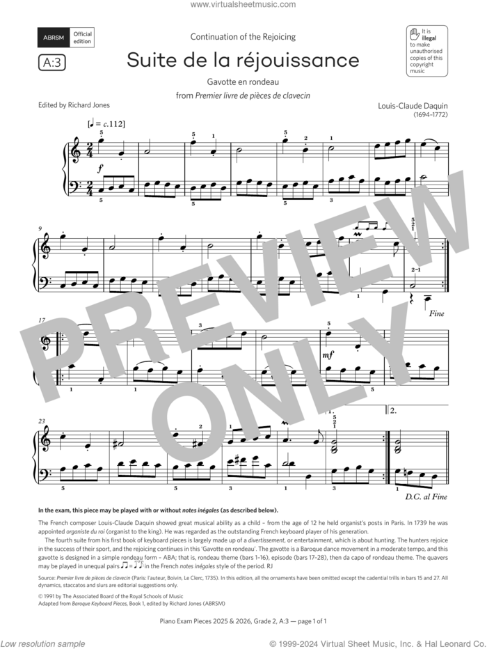 Suite de la rejouissance (Grade 2, list A3, from the ABRSM Piano Syllabus 2025 and 2026) sheet music for piano solo by Louis-Claude Daquin, classical score, intermediate skill level