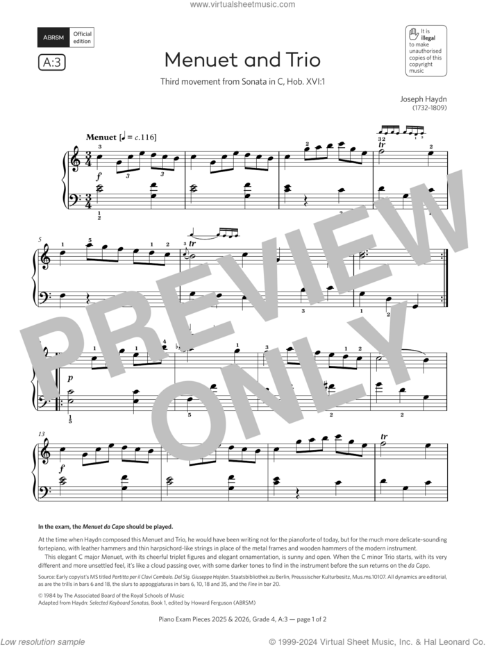 Menuet and Trio (Grade 4, list A3, from the ABRSM Piano Syllabus 2025 and 2026) sheet music for piano solo by Franz Joseph Haydn, classical score, intermediate skill level