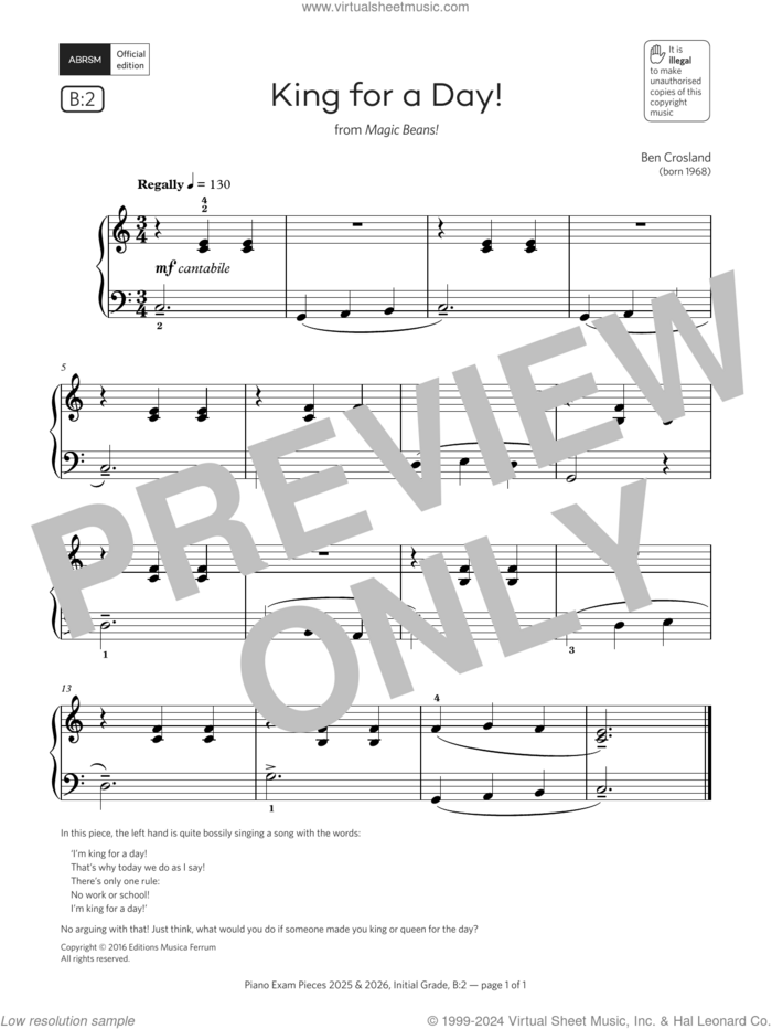 King for a Day! (Grade Initial, list B2, from the ABRSM Piano Syllabus 2025 and 2026) sheet music for piano solo by Ben Crosland, classical score, intermediate skill level