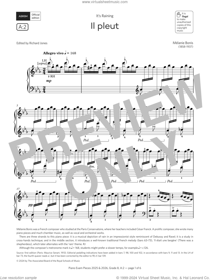 Il pleut (Grade 8, list A2, from the ABRSM Piano Syllabus 2025 and 2026) sheet music for piano solo by Mélanie Bonis, classical score, intermediate skill level