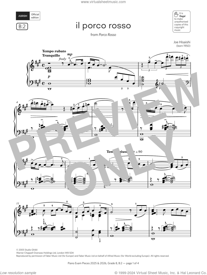 il porco rosso (Grade 8, list B2, from the ABRSM Piano Syllabus 2025 and 2026) sheet music for piano solo by Joe Hisaishi, classical score, intermediate skill level