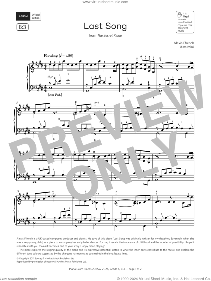 Last Song (Grade 6, list B3, from the ABRSM Piano Syllabus 2025 and 2026) sheet music for piano solo by Alexis Ffrench, classical score, intermediate skill level