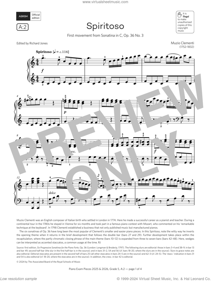 Spiritoso (Grade 5, list A2, from the ABRSM Piano Syllabus 2025 and 2026) sheet music for piano solo by Muzio Clementi, classical score, intermediate skill level