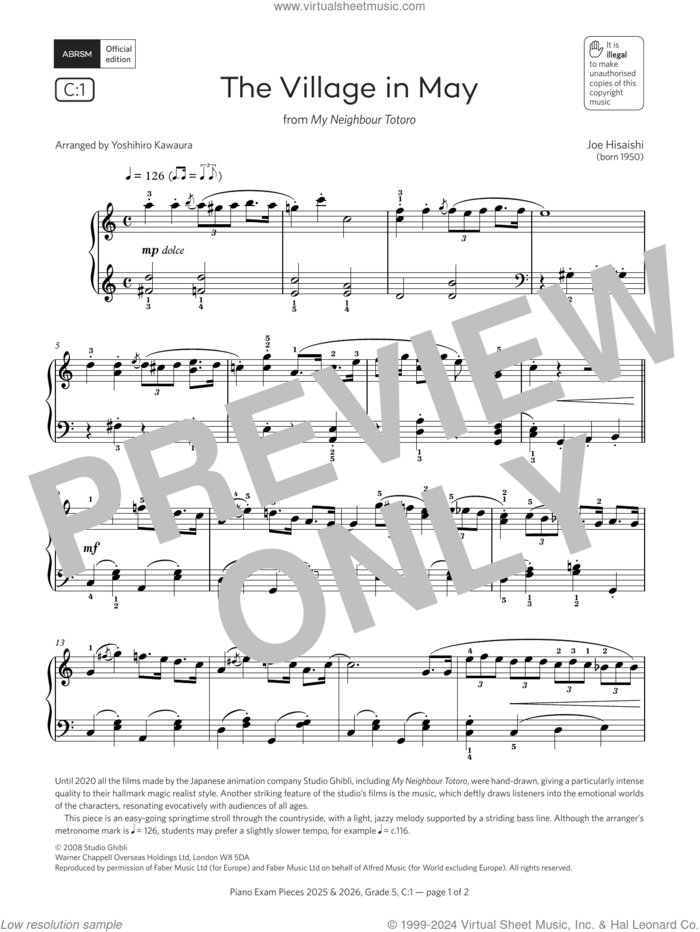 The Village in May (Grade 5, list C1, from the ABRSM Piano Syllabus 2025 and 2026) sheet music for piano solo by Joe Hisaishi and Yoshihiro Kawaura, classical score, intermediate skill level