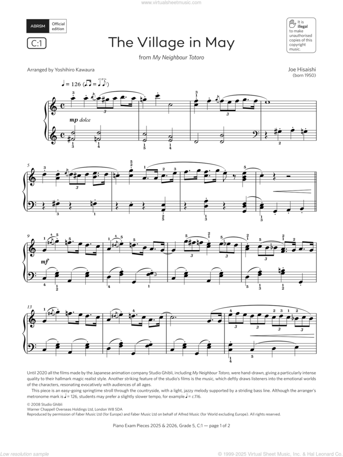 The Village in May (Grade 5, list C1, from the ABRSM Piano Syllabus 2025 and 2026) sheet music for piano solo by Joe Hisaishi and Yoshihiro Kawaura, classical score, intermediate skill level