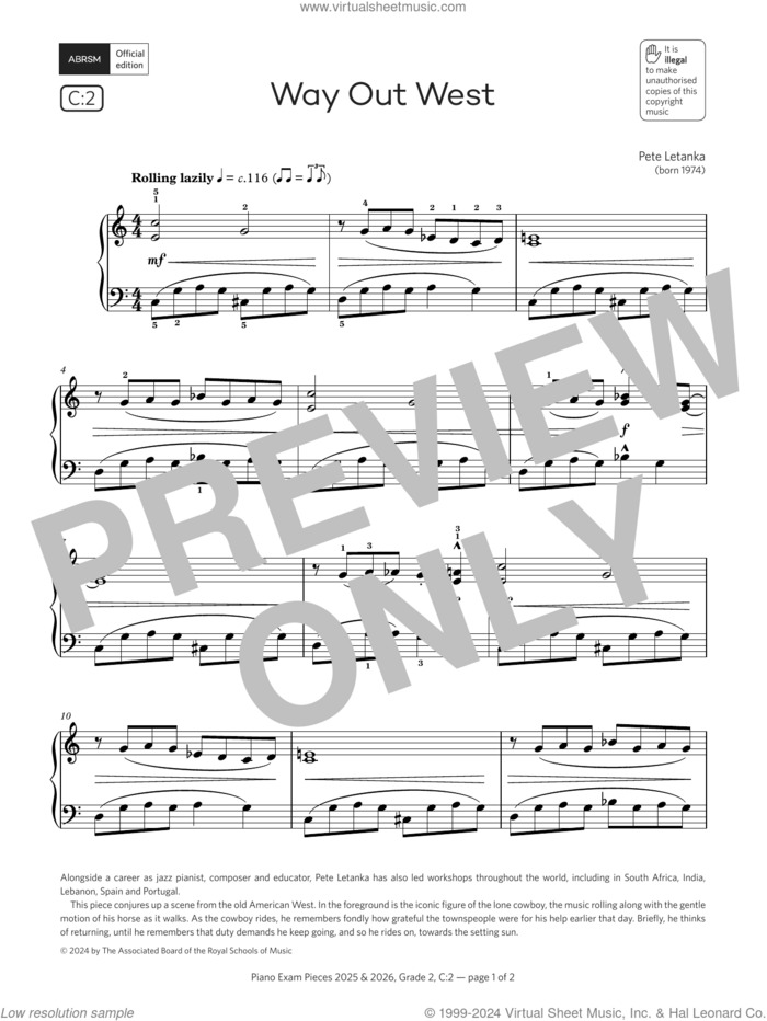 Way Out West (Grade 2, list C2, from the ABRSM Piano Syllabus 2025 and 2026) sheet music for piano solo by Pete Letanka, classical score, intermediate skill level