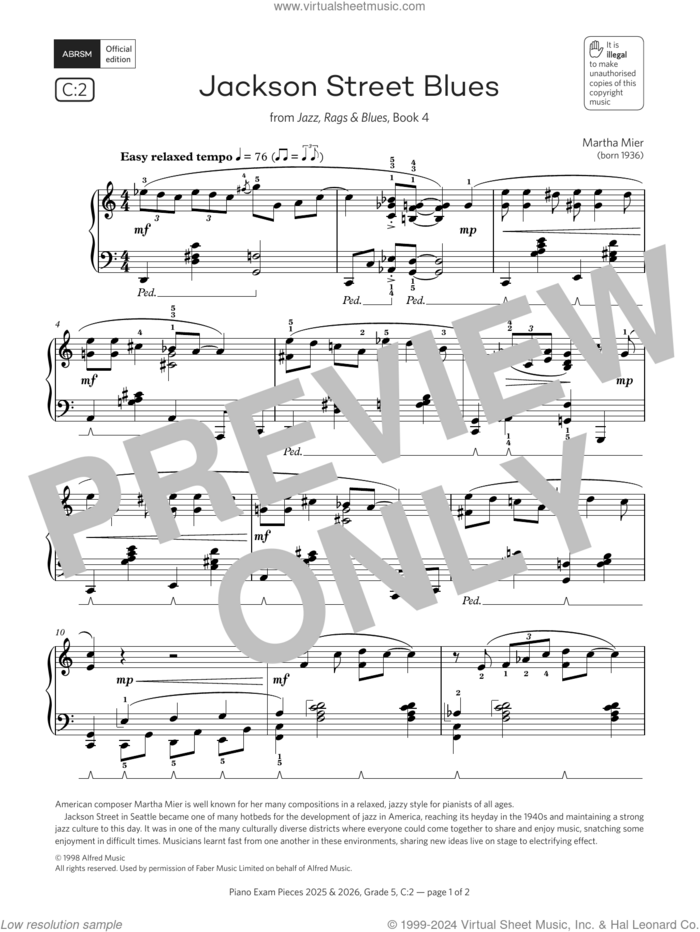 Jackson Street Blues (Grade 5, list C2, from the ABRSM Piano Syllabus 2025 and 2026) sheet music for piano solo by Martha Mier, classical score, intermediate skill level