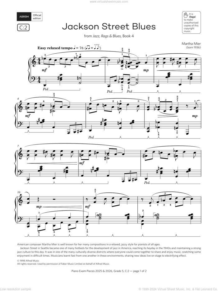 Jackson Street Blues (Grade 5, list C2, from the ABRSM Piano Syllabus 2025 and 2026) sheet music for piano solo by Martha Mier, classical score, intermediate skill level