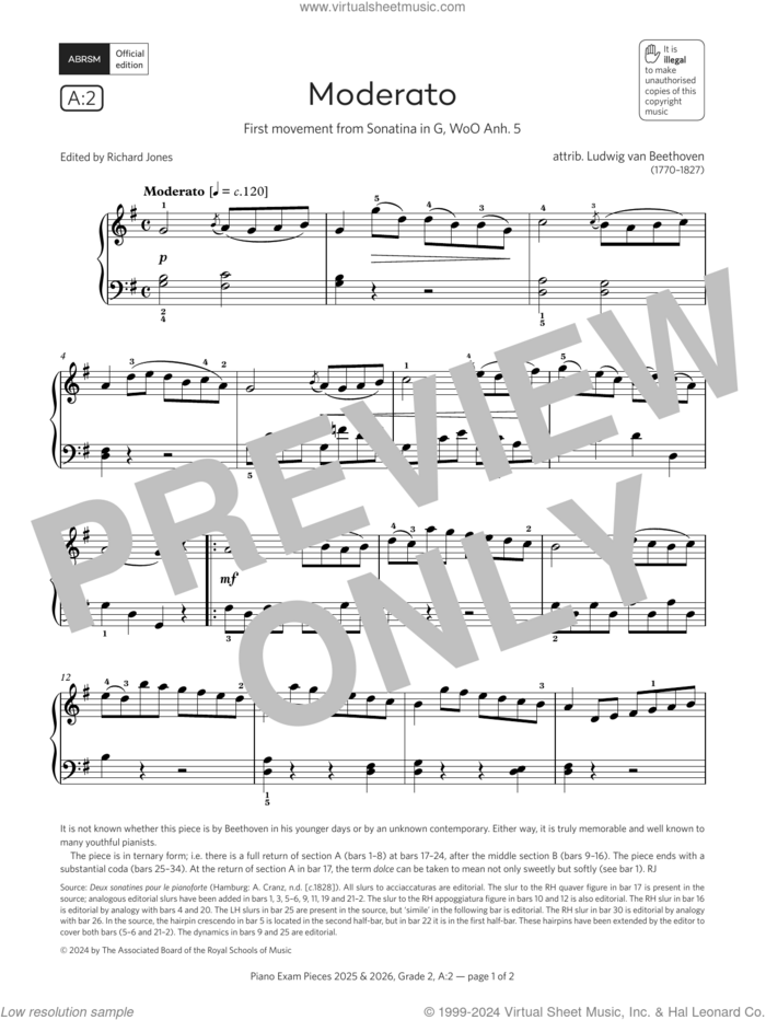 Moderato (Grade 2, list A2, from the ABRSM Piano Syllabus 2025 and 2026) sheet music for piano solo by Ludwig van Beethoven, classical score, intermediate skill level