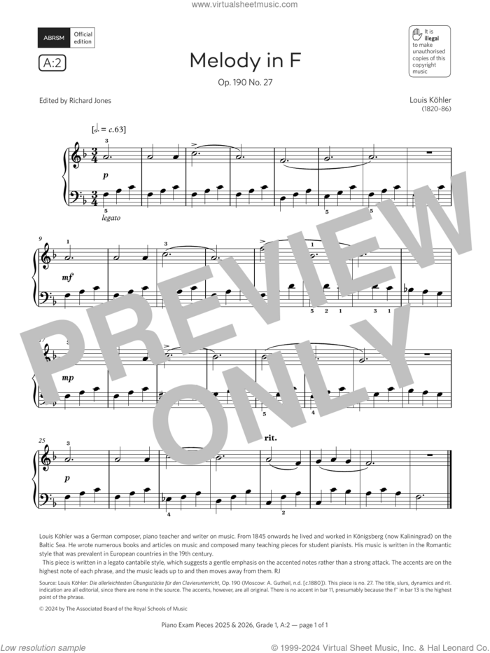 Melody in F (Grade 1, list A2, from the ABRSM Piano Syllabus 2025 and 2026) sheet music for piano solo by Louis Köhler, classical score, intermediate skill level