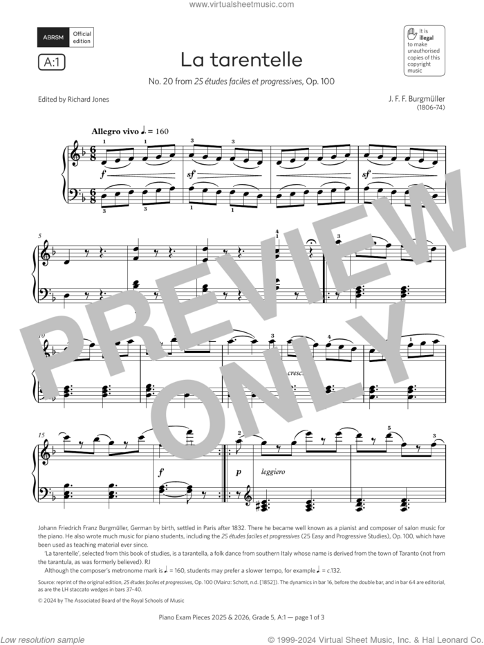 La tarentelle (Grade 5, list A1, from the ABRSM Piano Syllabus 2025 and 2026) sheet music for piano solo by J. F. F. Burgmüller, classical score, intermediate skill level