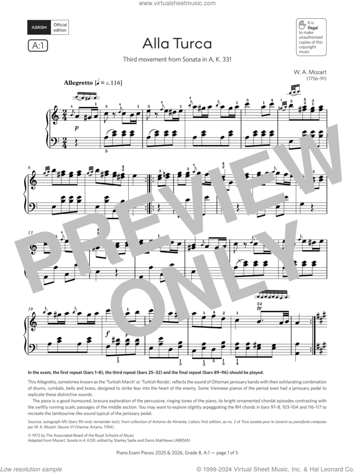 Alla Turca (Grade 8, list A1, from the ABRSM Piano Syllabus 2025 and 2026) sheet music for piano solo by W. A. Mozart, classical score, intermediate skill level