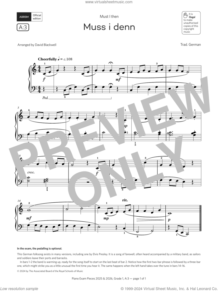 Muss i denn (Grade 1, list A3, from the ABRSM Piano Syllabus 2025 and 2026) sheet music for piano solo by Trad. German and David Blackwell, classical score, intermediate skill level