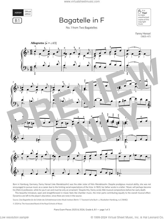 Bagatelle in F (Grade 6, list B1, from the ABRSM Piano Syllabus 2025 and 2026) sheet music for piano solo by Fanny Hensel, classical score, intermediate skill level