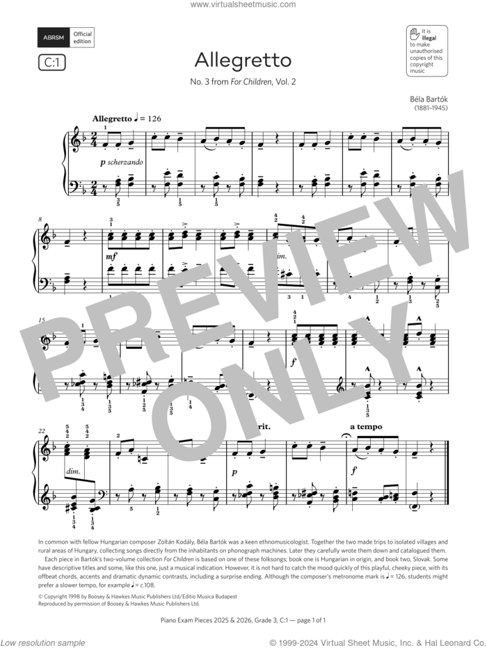 Allegretto (Grade 3, list C1, from the ABRSM Piano Syllabus 2025 and 2026) sheet music for piano solo by Béla Bartók, classical score, intermediate skill level