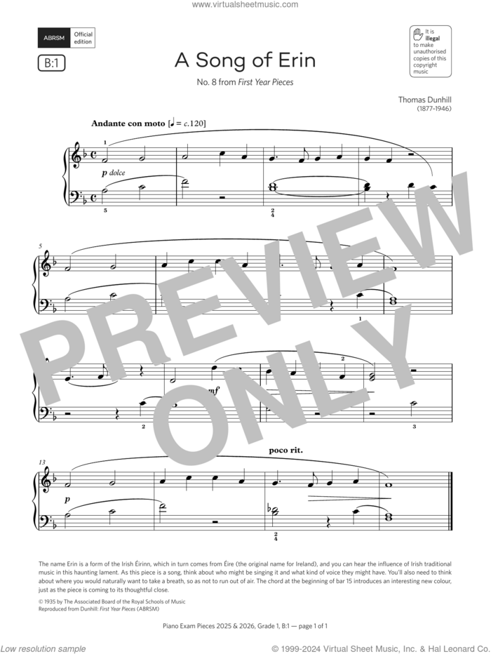 A Song of Erin (Grade 1, list B1, from the ABRSM Piano Syllabus 2025 and 2026) sheet music for piano solo by Thomas Dunhill, classical score, intermediate skill level