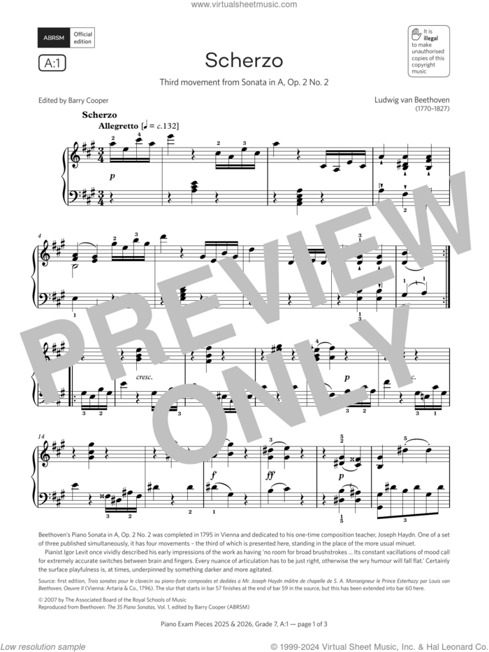 Scherzo (Grade 7, list A1, from the ABRSM Piano Syllabus 2025 and 2026) sheet music for piano solo by Ludwig van Beethoven, classical score, intermediate skill level