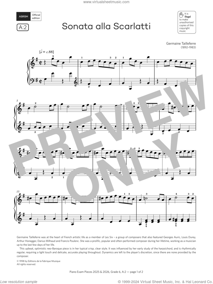 Sonata alla Scarlatti (Grade 6, list A2, from the ABRSM Piano Syllabus 2025 and 2026) sheet music for piano solo by Germaine Tailleferre, classical score, intermediate skill level