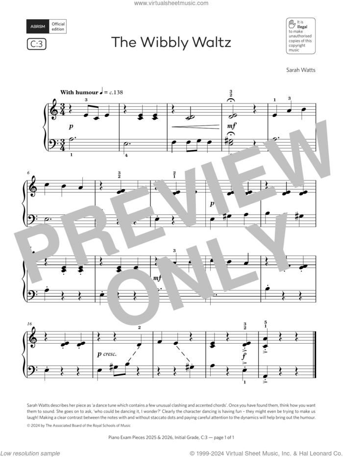The Wibbly Waltz (Grade Initial, list C3, from the ABRSM Piano Syllabus 2025 and 2026) sheet music for piano solo by Sarah Watts, classical score, intermediate skill level