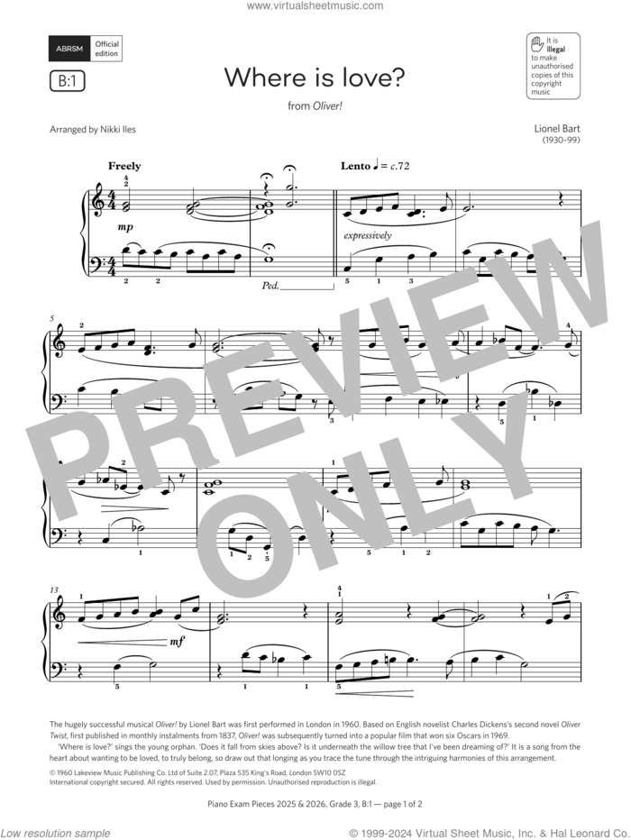 Where is love? (Grade 3, list B1, from the ABRSM Piano Syllabus 2025 and 2026) sheet music for piano solo by Lionel Bart and Nikki Iles, classical score, intermediate skill level