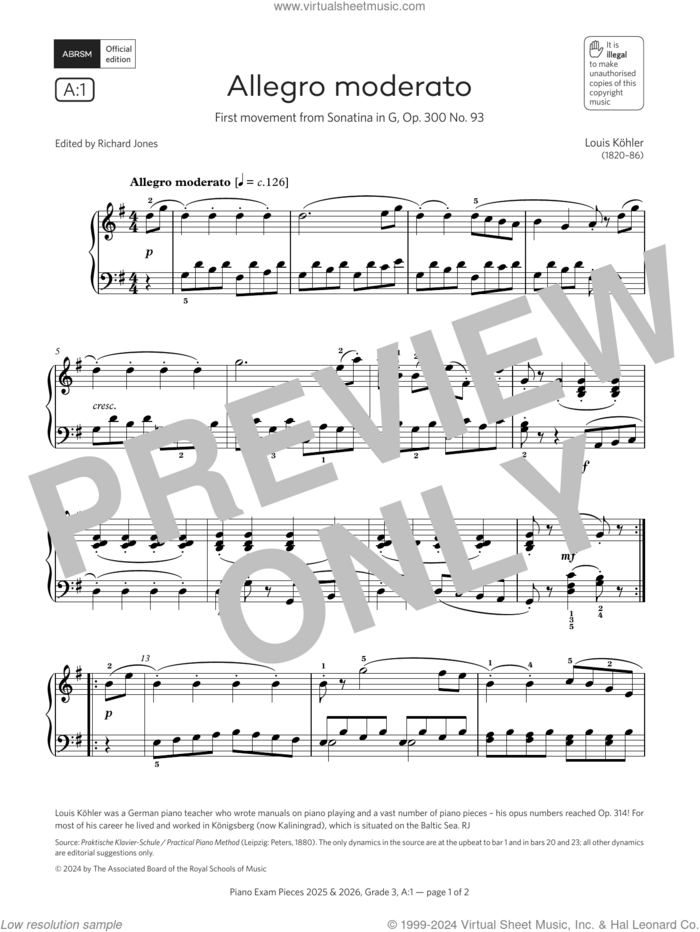 Allegro moderato (Grade 3, list A1, from the ABRSM Piano Syllabus 2025 and 2026) sheet music for piano solo by Louis Köhler, classical score, intermediate skill level