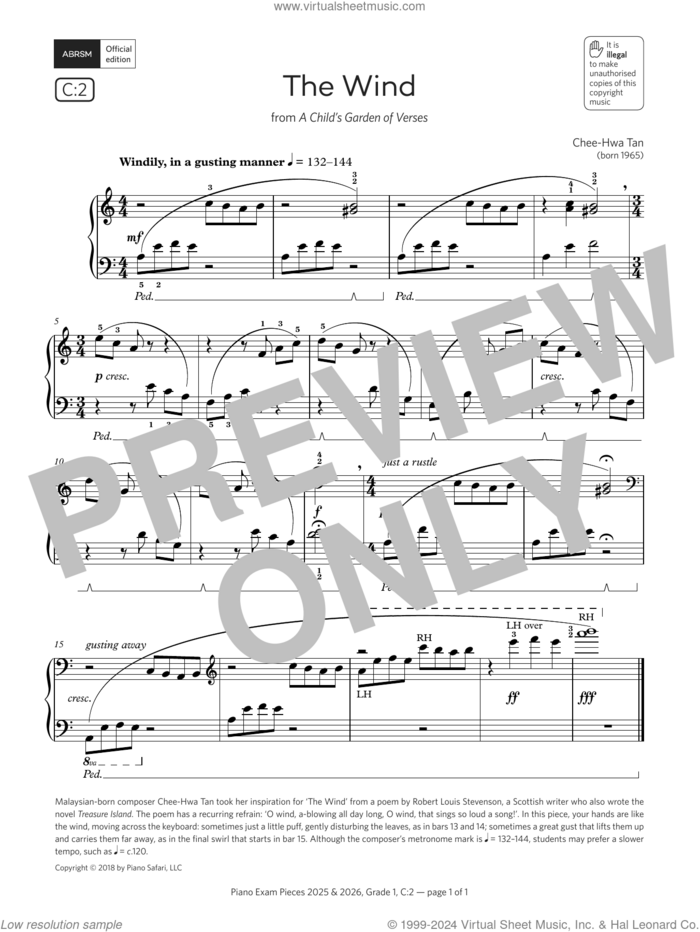 The Wind (Grade 1, list C2, from the ABRSM Piano Syllabus 2025 and 2026) sheet music for piano solo by Chee-Hwa Tan, classical score, intermediate skill level