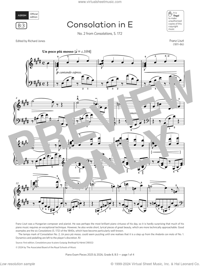 Consolation in E (Grade 8, list B3, from the ABRSM Piano Syllabus 2025 and 2026) sheet music for piano solo by Franz Liszt, classical score, intermediate skill level