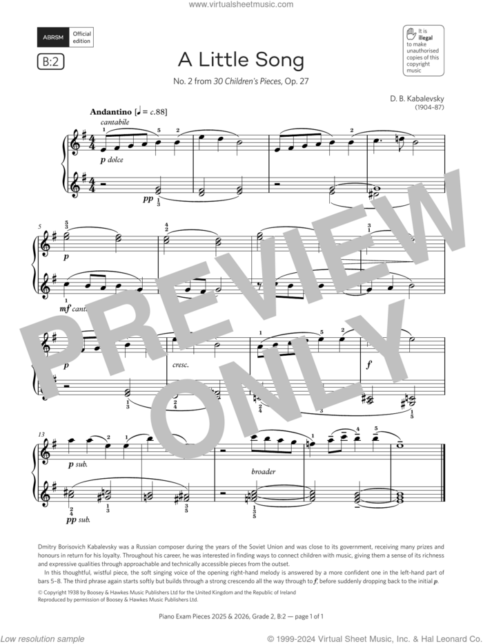 A Little Song (Grade 2, list B2, from the ABRSM Piano Syllabus 2025 and 2026) sheet music for piano solo by Dmitri Kabalevsky, classical score, intermediate skill level