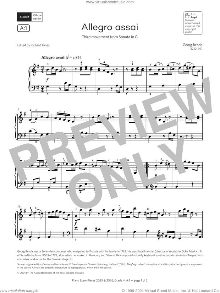 Allegro assai (Grade 4, list A1, from the ABRSM Piano Syllabus 2025 and 2026) sheet music for piano solo by Georg Benda, classical score, intermediate skill level