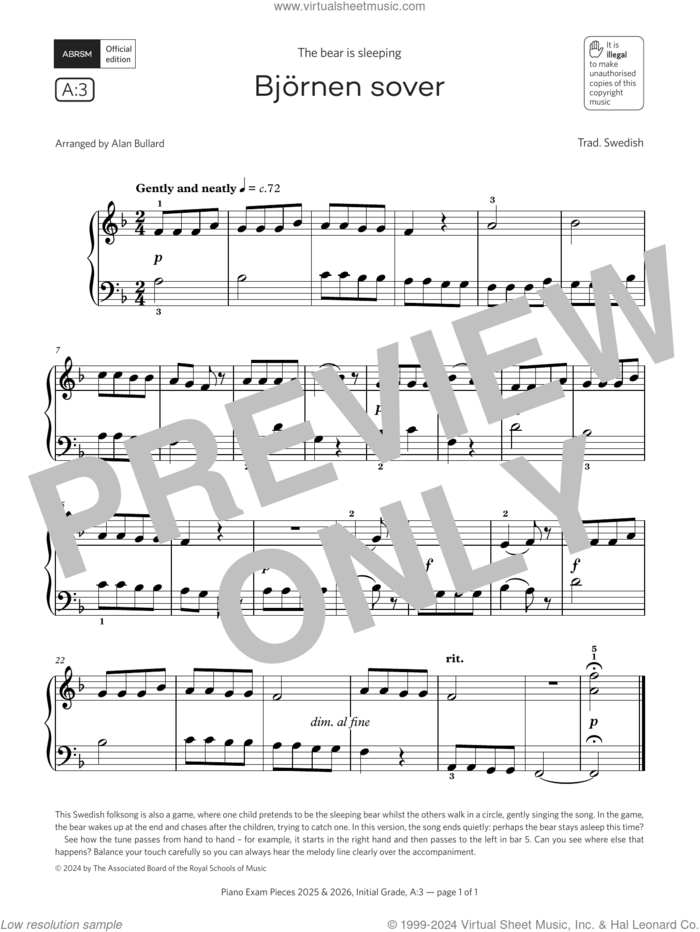 BjAurnen sover (Grade Initial, list A3, from the ABRSM Piano Syllabus 2025 and 2026) sheet music for piano solo by Trad. Swedish and Alan Bullard, classical score, intermediate skill level