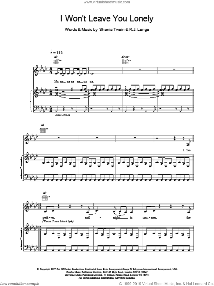 I Won't Leave You Lonely sheet music for voice, piano or guitar by Shania Twain and Robert John Lange, intermediate skill level
