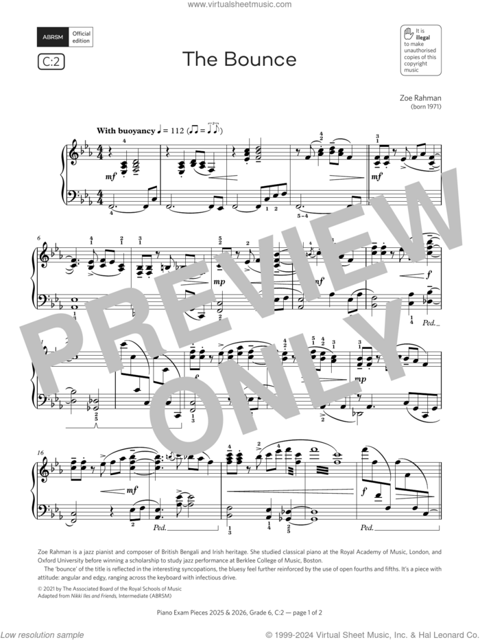 The Bounce (Grade 6, list C2, from the ABRSM Piano Syllabus 2025 and 2026) sheet music for piano solo by Zoe Rahman, classical score, intermediate skill level