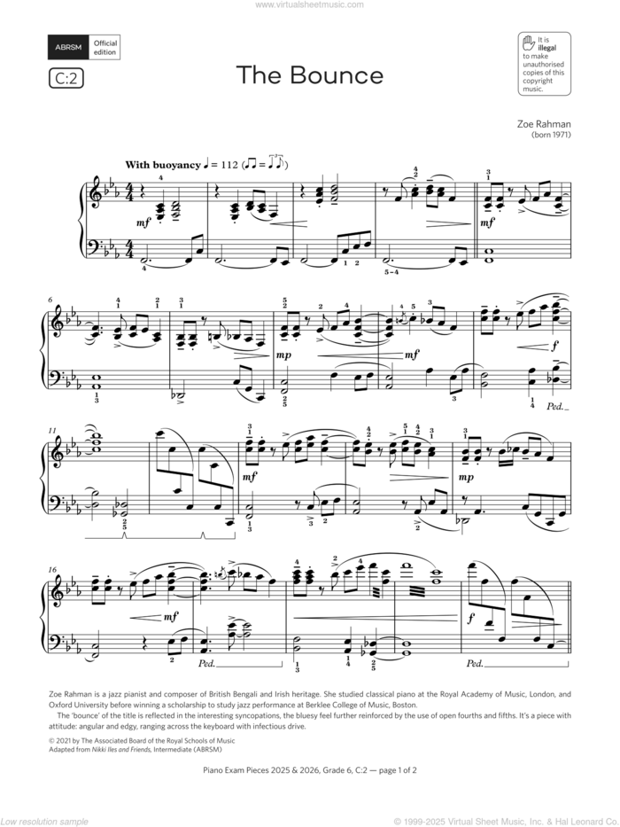 First page preview The Bounce (Grade 6, list C2, from the ABRSM Piano Syllabus 2025 and 2026) sheet music for piano solo by Zoe Rahman, classical score, intermediate skill level