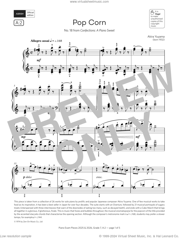 Pop Corn (Grade 7, list A2, from the ABRSM Piano Syllabus 2025 and 2026) sheet music for piano solo by Akira Yuyama, classical score, intermediate skill level