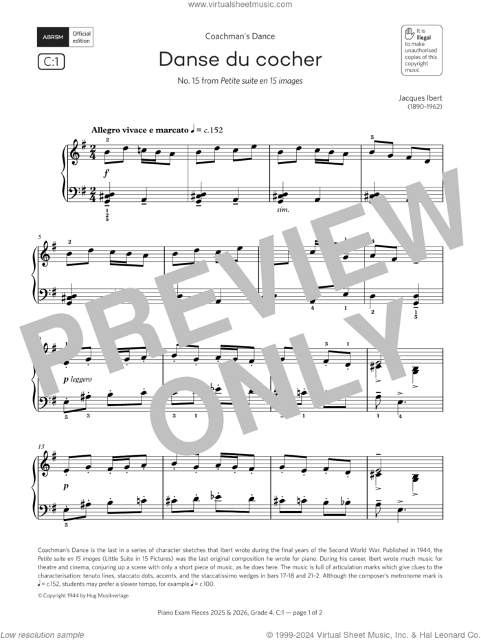 Danse du cocher (Grade 4, list C1, from the ABRSM Piano Syllabus 2025 and 2026) sheet music for piano solo by Jacques Ibert, classical score, intermediate skill level