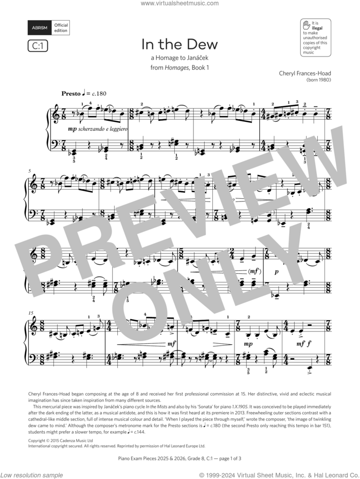 In the Dew (Grade 8, list C1, from the ABRSM Piano Syllabus 2025 and 2026) sheet music for piano solo by Cheryl Frances-Hoad, classical score, intermediate skill level