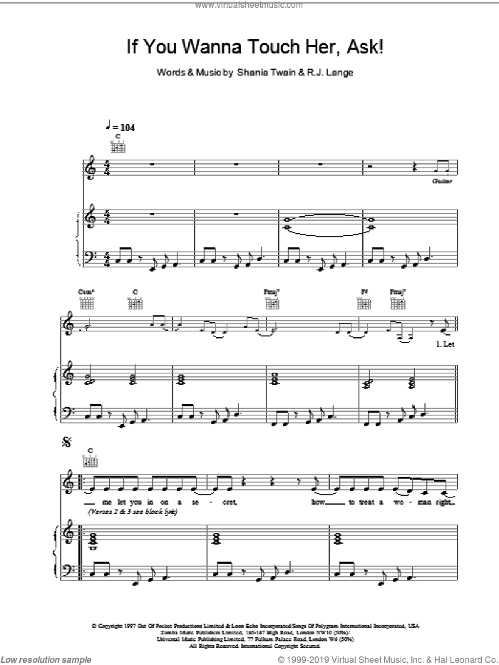 If You Wanna Touch Her, Ask! sheet music for voice, piano or guitar by Shania Twain and Robert John Lange, intermediate skill level