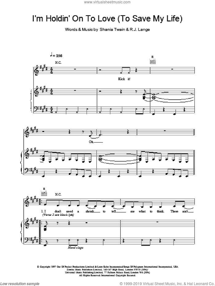 I'm Holdin' On To Love (To Save My Life) sheet music for voice, piano or guitar by Shania Twain and Robert John Lange, intermediate skill level