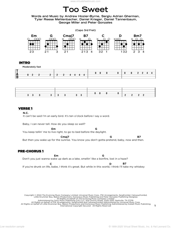 Too Sweet sheet music for guitar solo by Hozier, Andrew Hozier-Byrne, Daniel Krieger, Daniel Tannenbaum, George Miller, Peter Gonzales, Sergiu Adrian Gherman and Tyler Reese Mehlenbacher, beginner skill level