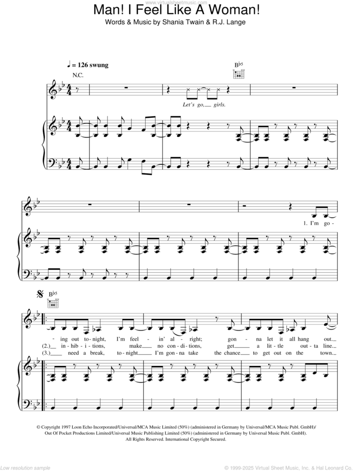 Man! I Feel Like A Woman! sheet music for voice, piano or guitar by Shania Twain and Robert John Lange, intermediate skill level