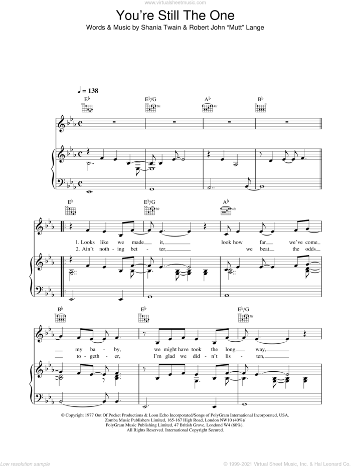 You're Still The One sheet music for voice, piano or guitar by Shania Twain and Robert John Lange, intermediate skill level